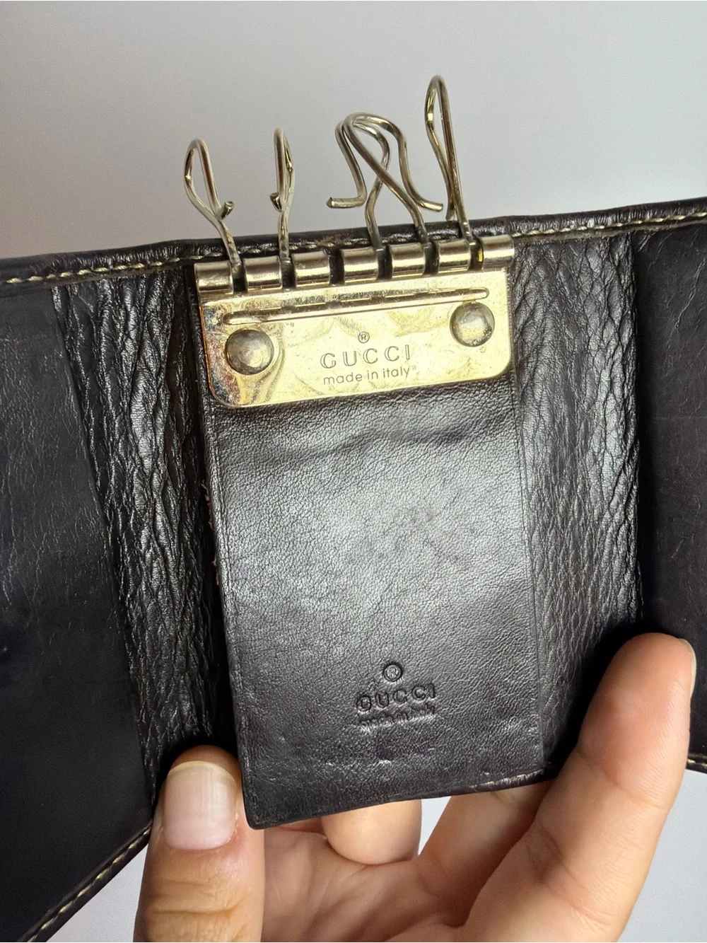 Gucci Vintage Interlocking GG Web Stripe Brown Leather Key Holder Case